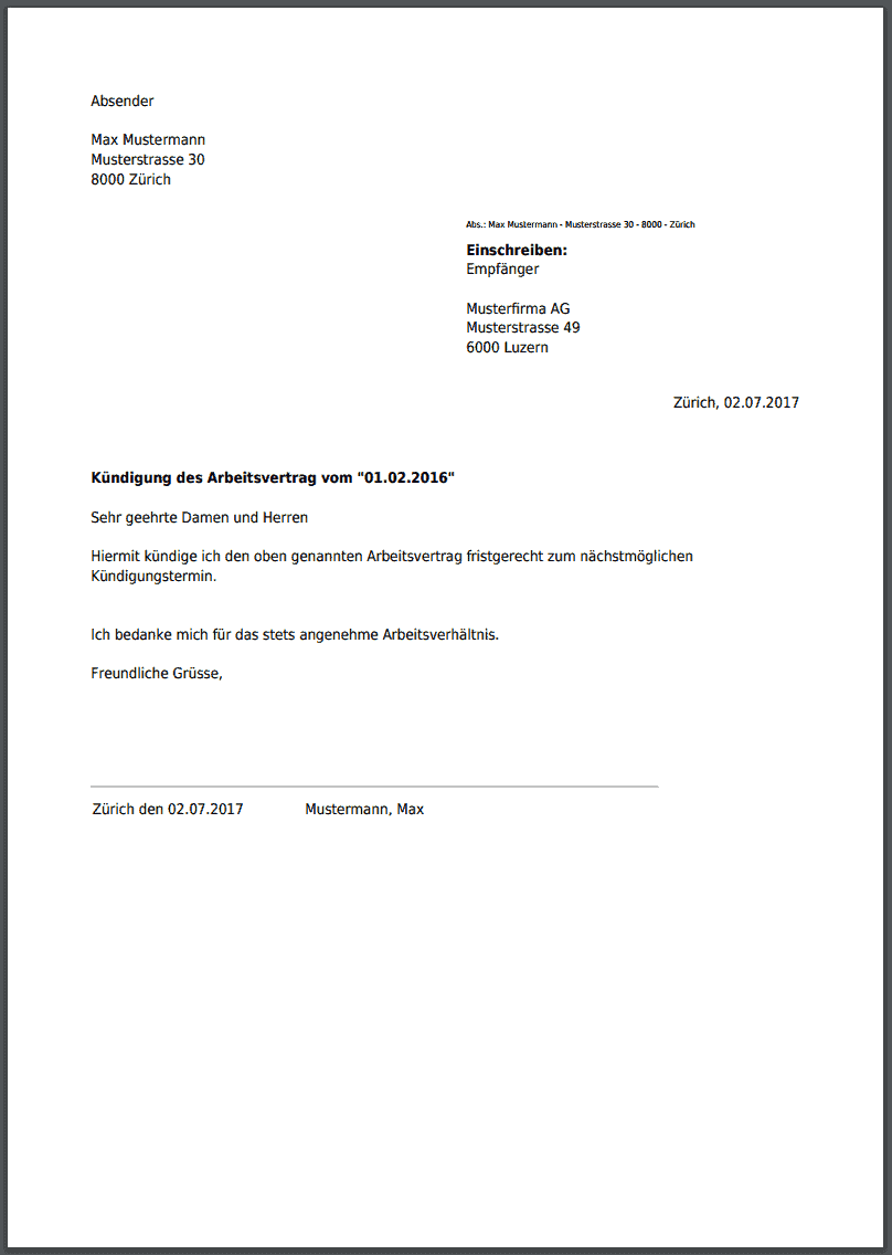 Kundigung Fur Arbeitsvertrag Kostenlos Online Als Pdf Erstellen