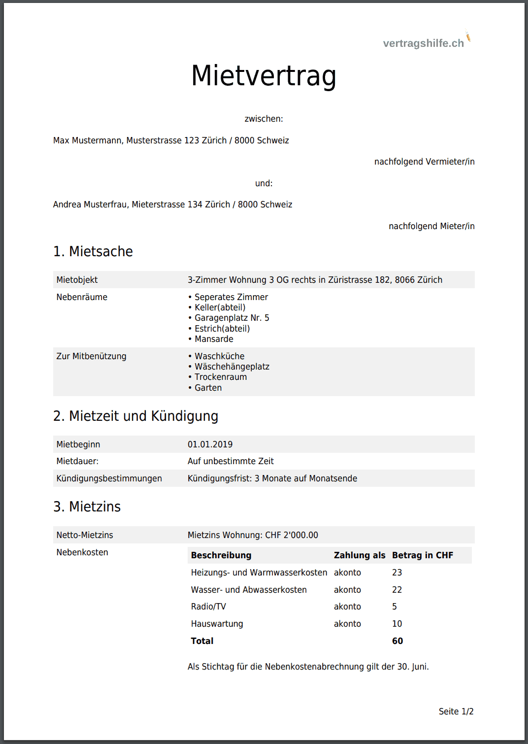 Mietvertrag für Wohnraum Schweiz gratis als PDF erstellen