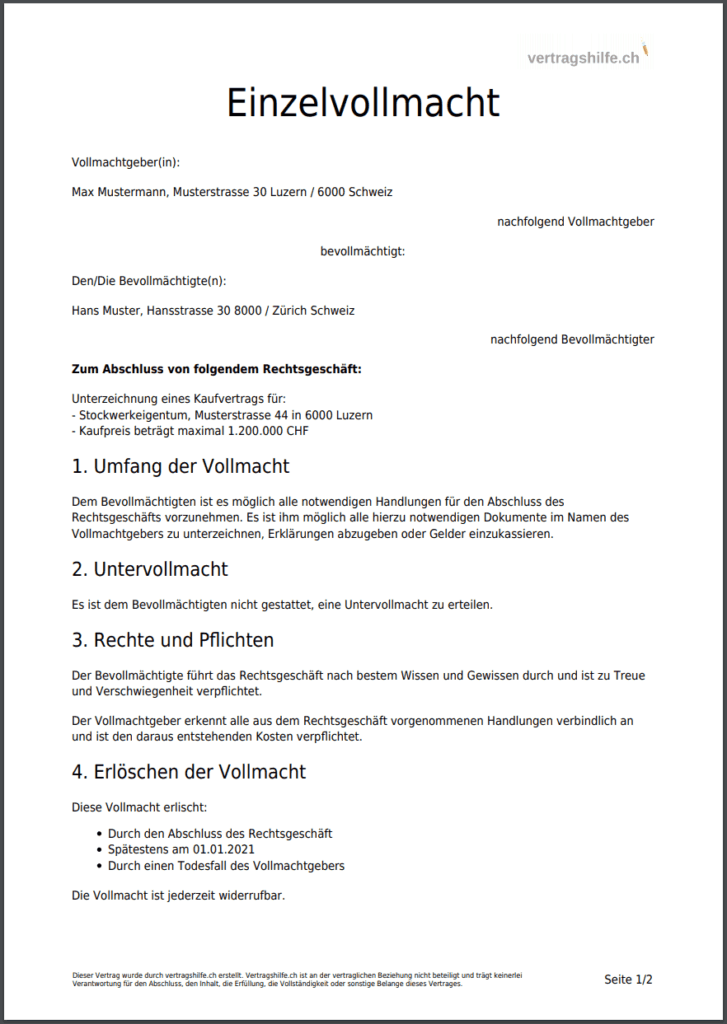 Einzelvollmacht Schweiz Kostenlos Online Als Pdf Erstellen | My XXX Hot Girl
