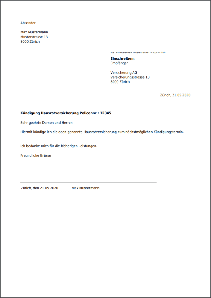 Kündigung für Hausratversicherung kostenlos als PDF erstellen