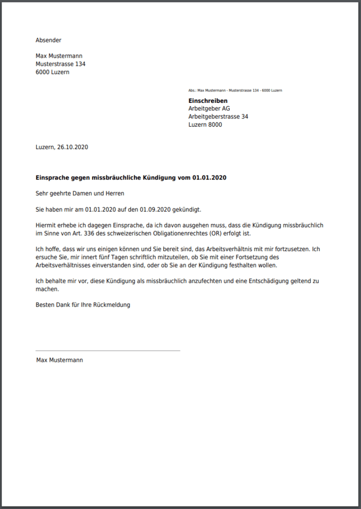 Einsprache gegen missbräuchliche Kündigung Arbeitnehmer