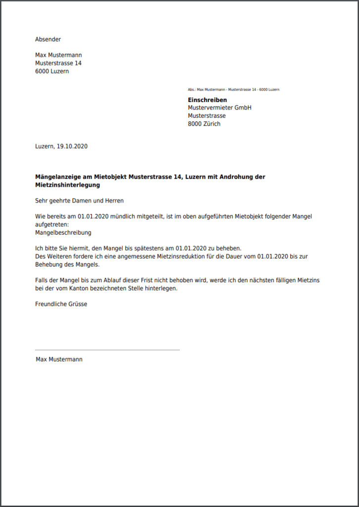 Brief An Vermieter Wegen Reparatur Muster Mängelrüge mit Mietzinssenkung und Mietzinshinterlegung