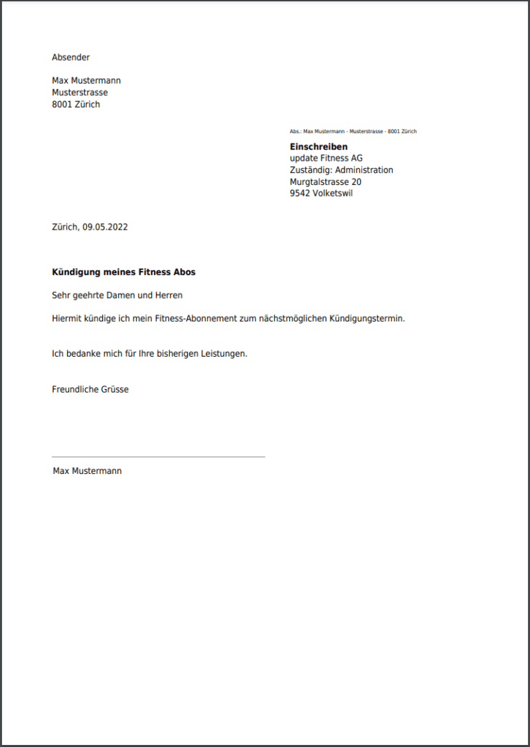 Kündigung für update Fitness gratis als PDF online erstellen